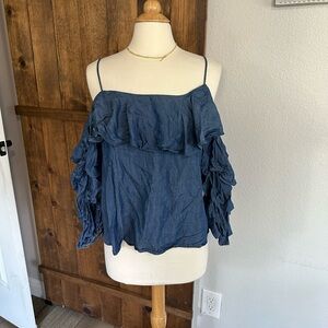 RD Style Blue Ruffled 3/4 Sleeve Blouse